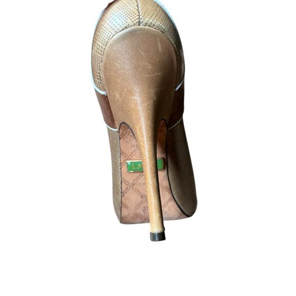 L.A.M.B. Lace up Peep Toe Oxford White Piping Stiletto Bootie Heels - 6.5 - Picture 9 of 10